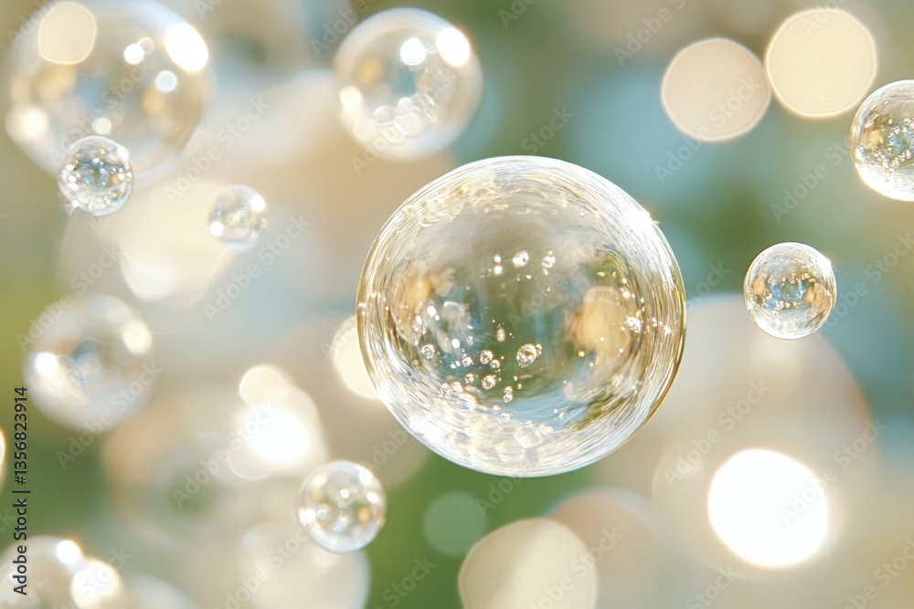 Poster Bubbles floating through sunlight creating a dreamy atmosphere in a serene outdoor setting