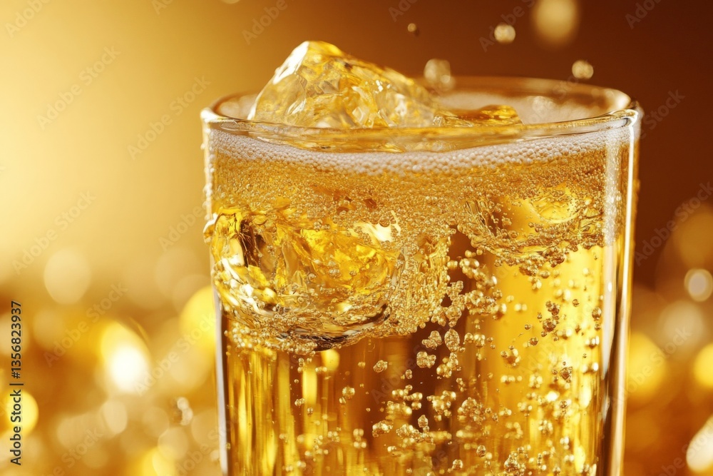 Poster refreshing beverage in a glass with bubbles and ice in a warm golden atmosphere during a sunny gathe
