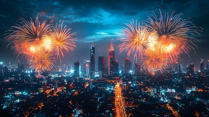 Obraz premium Fireworks explode over city skyline at night (1)