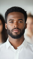 Obraz premium Front view portrait of young African American man in white shirt standing confidently against blurred background