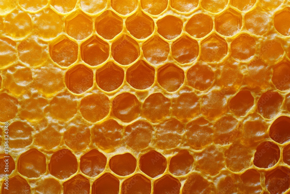 Poster Honeycomb structure showing rich golden color and intricate hexagonal pattern harvested from local beehives in warm sunlight