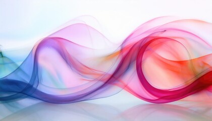 Abstract ripples of translucent smoke in soft and bold colors on a bright white surface 