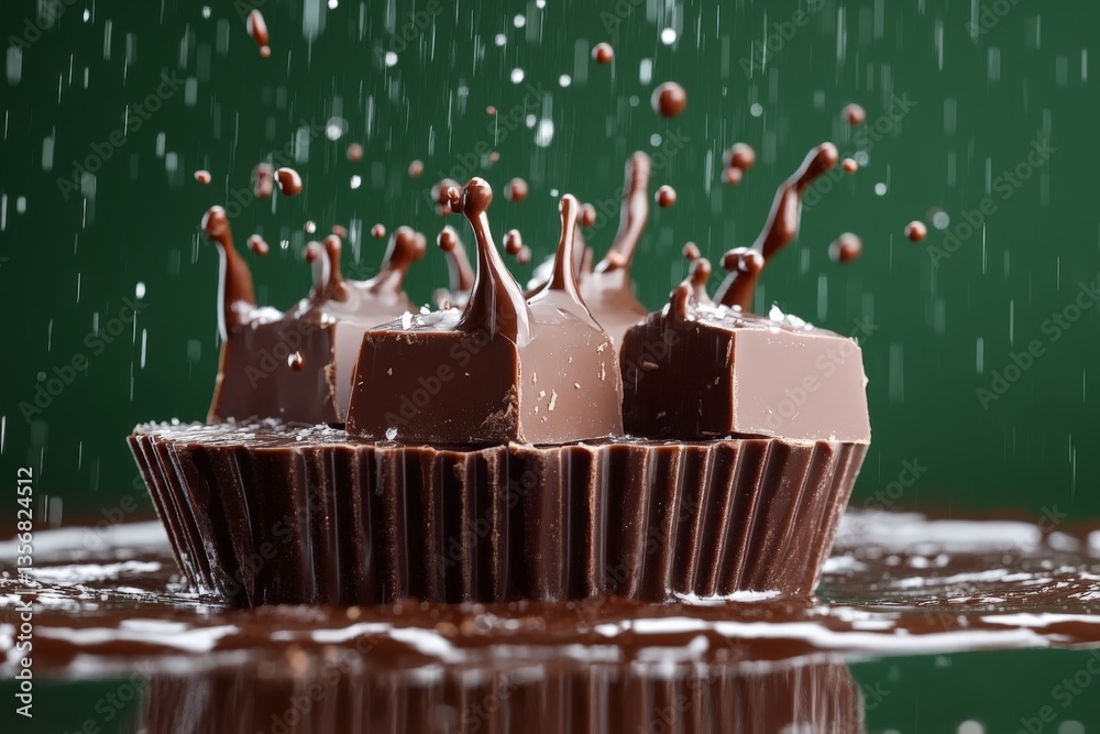 Poster chocolate dessert splashing in rich cocoa sauce with droplets captured during a creative culinary mo
