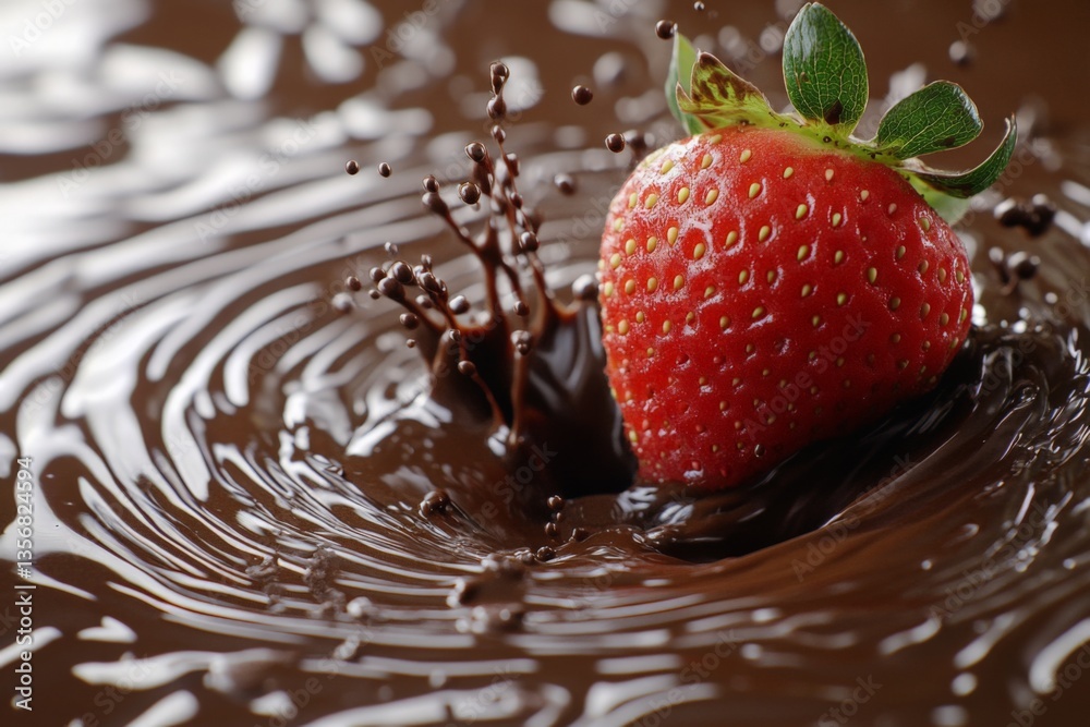 Poster strawberry submerged in rich chocolate with splashes, capturing a moment of indulgence and flavor
