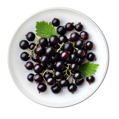 Black currant on white plate top view isolated on transparent background