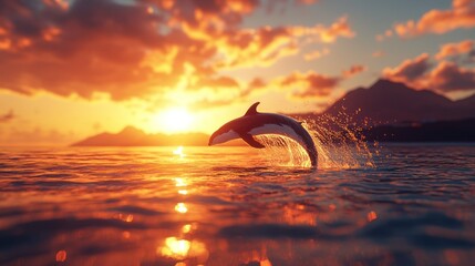 Majestic dolphin leaps ocean sunset; dramatic sky