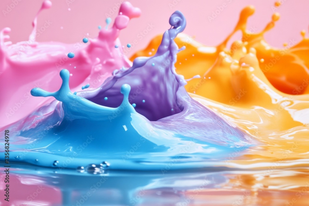 Poster Colorful paint splashes creating dynamic patterns on water surface during a vibrant artistic display