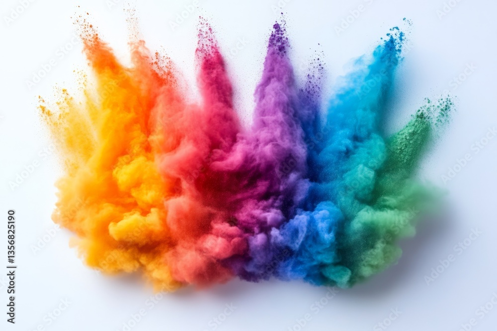 Poster Vibrant colored powder explosion creating dynamic patterns on a white background