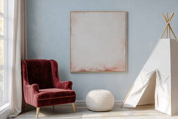 Room interior showcasing a red armchair, a blank canvas, a knit pouf, and a child's teepee, creating a calm and cozy atmosphere suitable for showcasing products or artwork