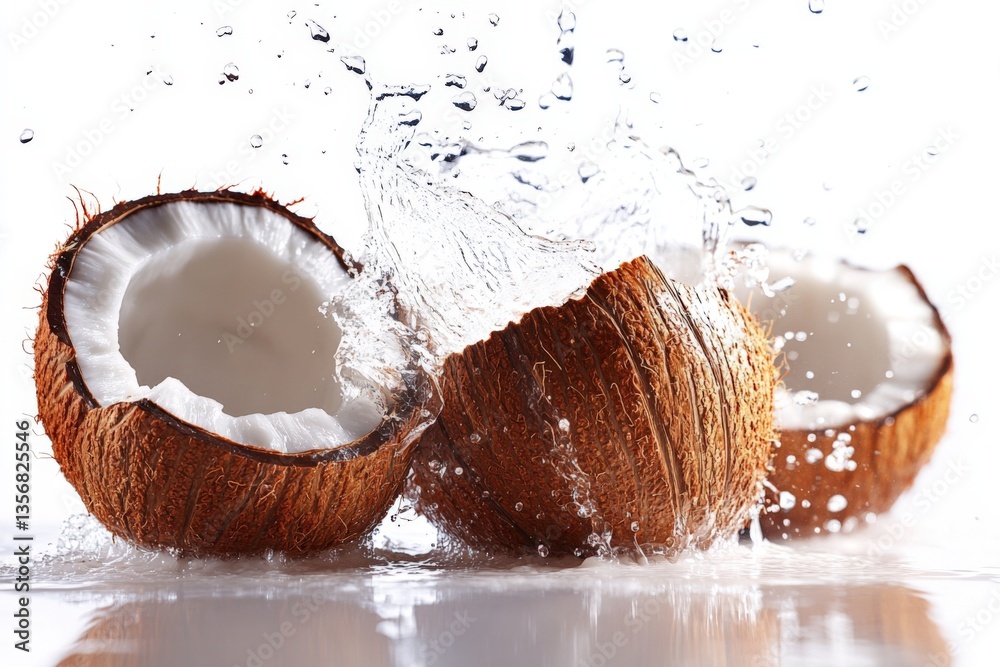Aufkleber Coconuts split open splashing water in a bright setting capturing fresh tropical essence