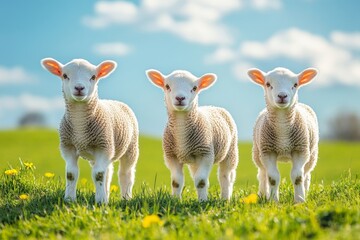 Three playful lambs enjoying a sunny day in a green meadow with white clouds in the background