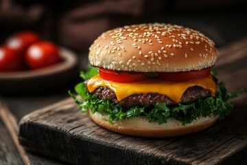 Juicy cheeseburger with lettuce, tomato, and sesame seed bun served on rustic wooden table