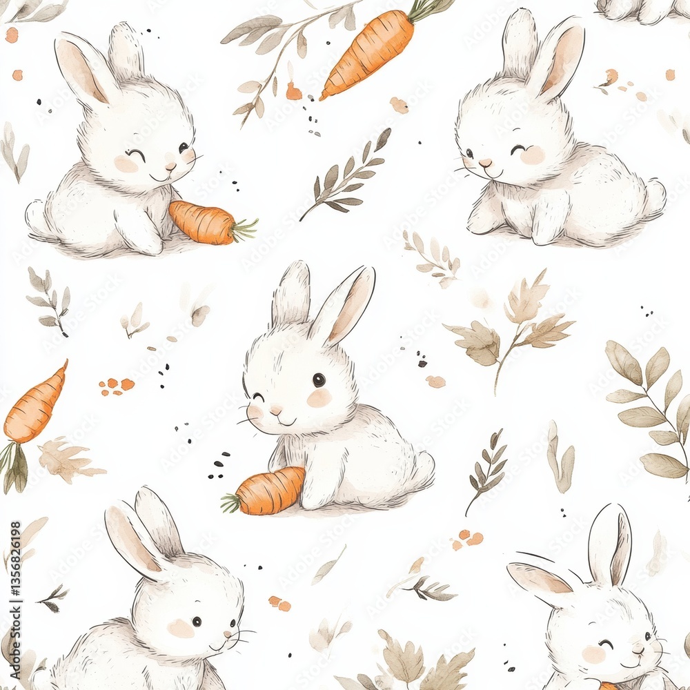 Poster playful fluffy bunnies enjoying carrots in a seamless hand-drawn pattern with soft colors ideal for 