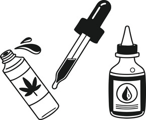 Simple Line Art Illustration of Cannabis Oil Dropper and Bottle