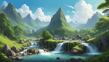 Vector llustrations of landscape mountain with waterfalls