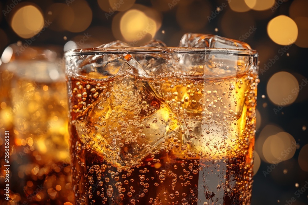 Poster sparkling beverage in a glass filled with ice, set against a shimmering background during a festive 