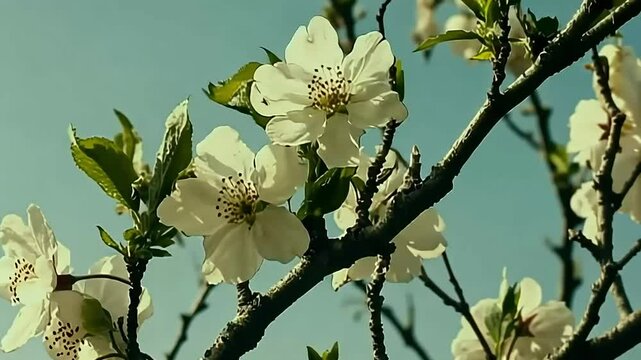 White blossoms bloom on branch, sunny sky, spring