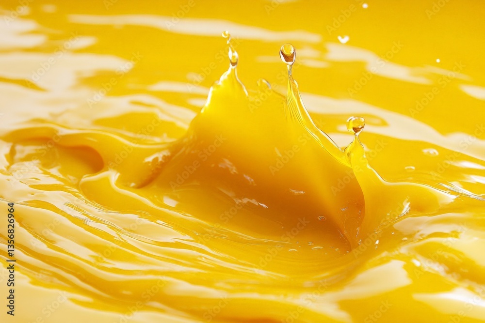 Poster yellow liquid creates splash in vivid display of motion against a bright background