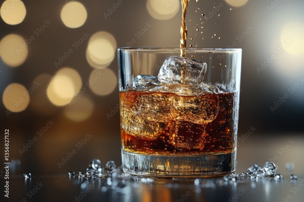 Aufkleber sparkling drink poured over ice in a glass against a blurred festive background during an evening ga