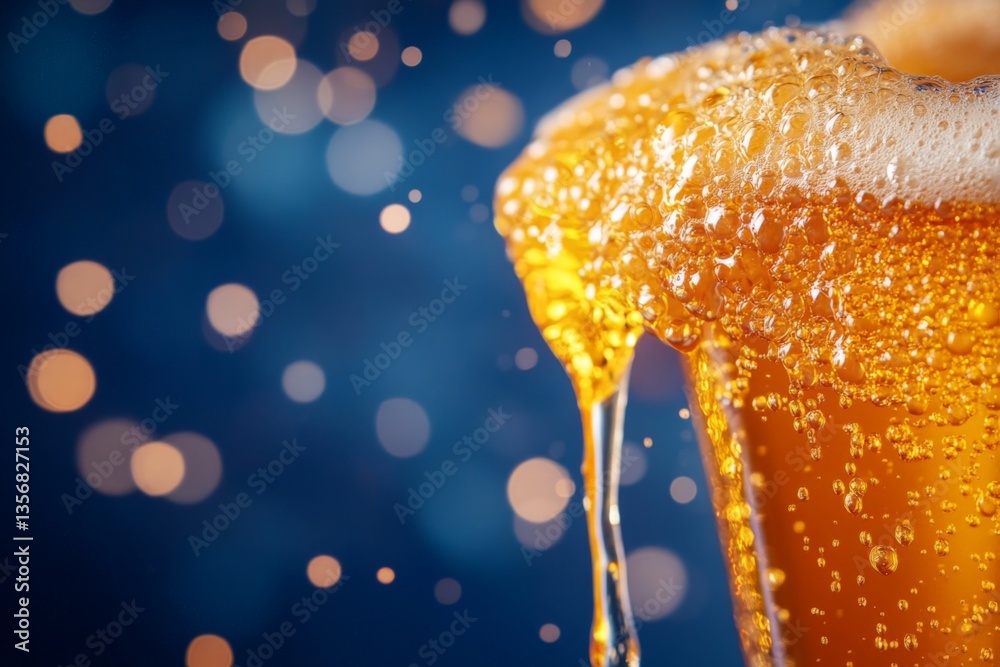 Poster craft beer overflowing in a glass with bubbles and a blurred festive background