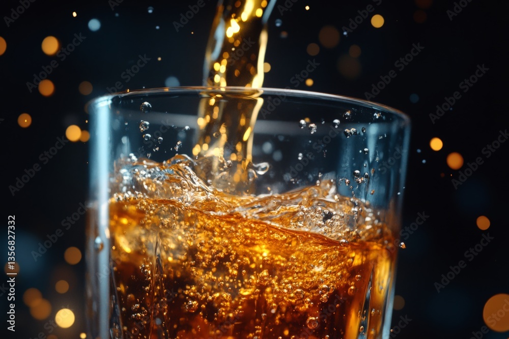 Poster bubbling beverage poured into a glass with festive background and sparkling details