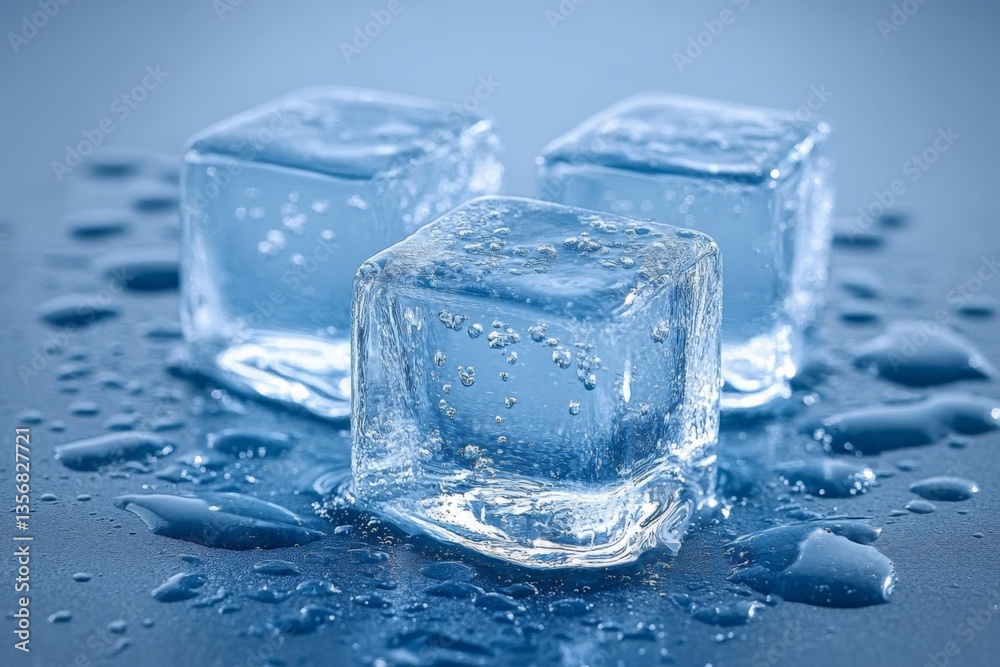 Aufkleber clear ice cubes sit on a blue surface with droplets of water reflecting light in a refreshing compos
