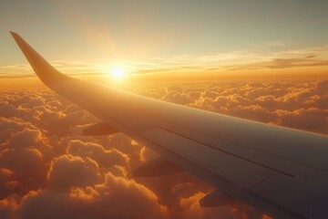 Obraz premium Stunning sunset view from an airplane wing during a flight over fluffy clouds