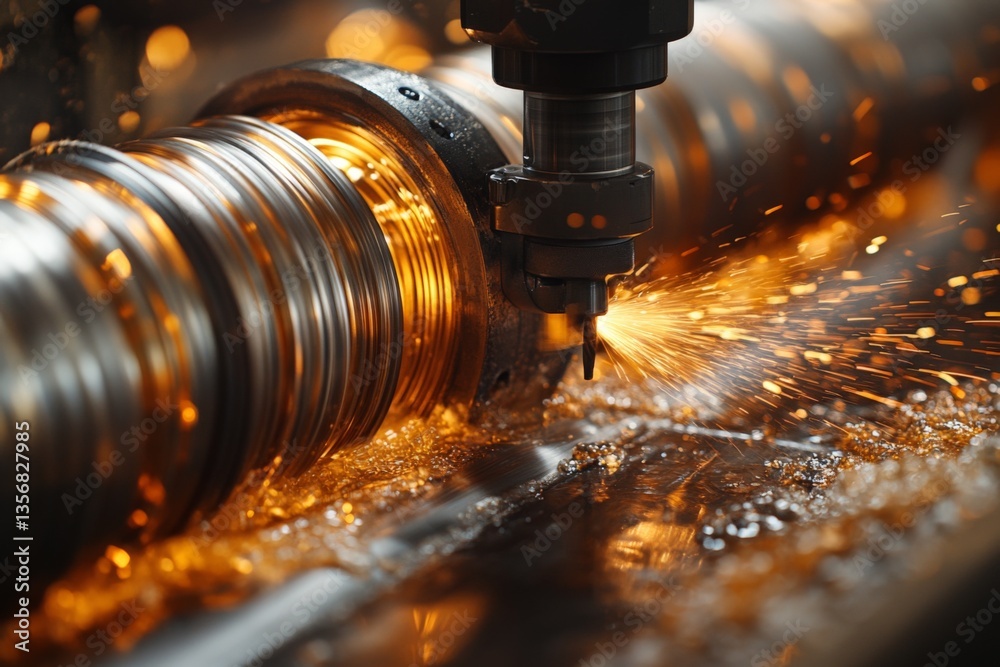 Aufkleber Sparks fly during metal machining process in a workshop while creating precision parts