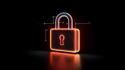 Neon lit padlock with holographic firewall and encrypted data streams symbolizing the protection of digital networks and sensitive information