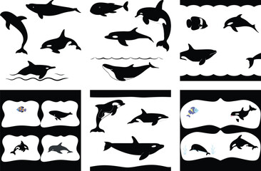 Black and White Silhouette Vector Art: Collection of Marine Animals, Fish, Whales, Dolphins, and Orcas for Graphic Design and Illustration