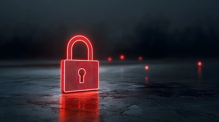 A glowing red padlock with a holographic firewall and encrypted data streams floating in a dark cyberspace symbolizing the importance of secure networks and data protection in the digital age
