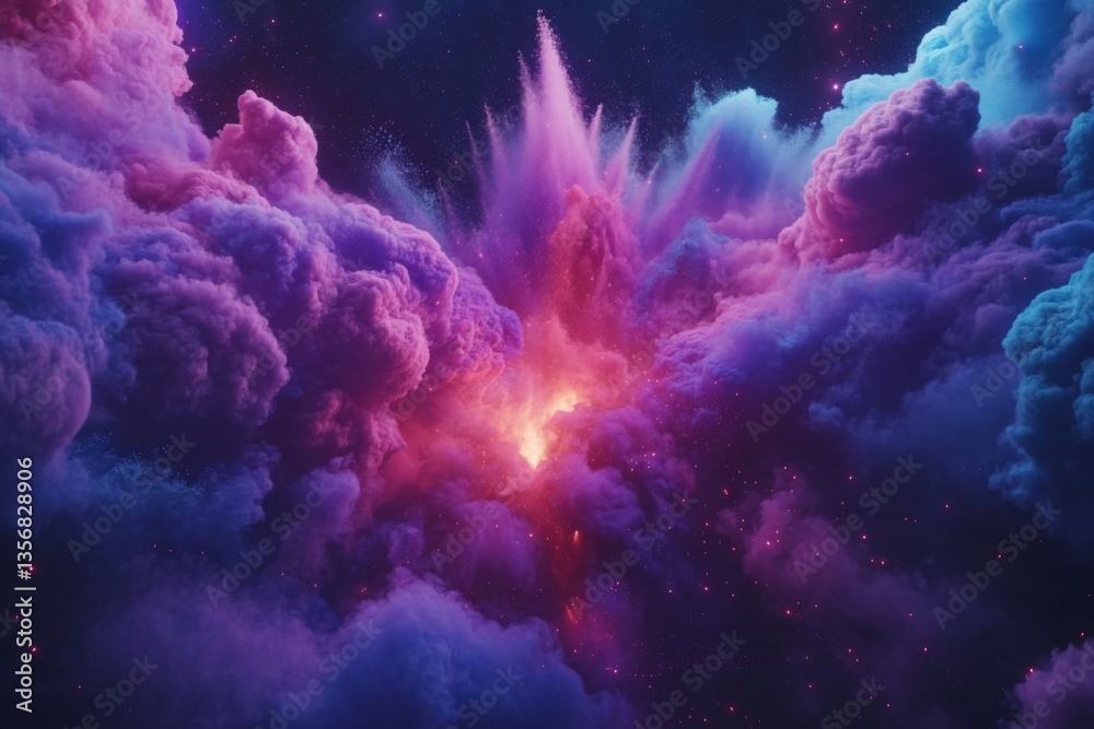 Poster Vibrant cosmic cloud formations illuminated by bursts of colorful light in a surreal universe
