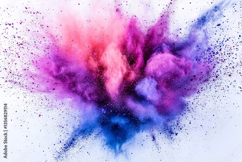 Poster colorful explosion of powder creates vibrant patterns on a white background during a creative art se