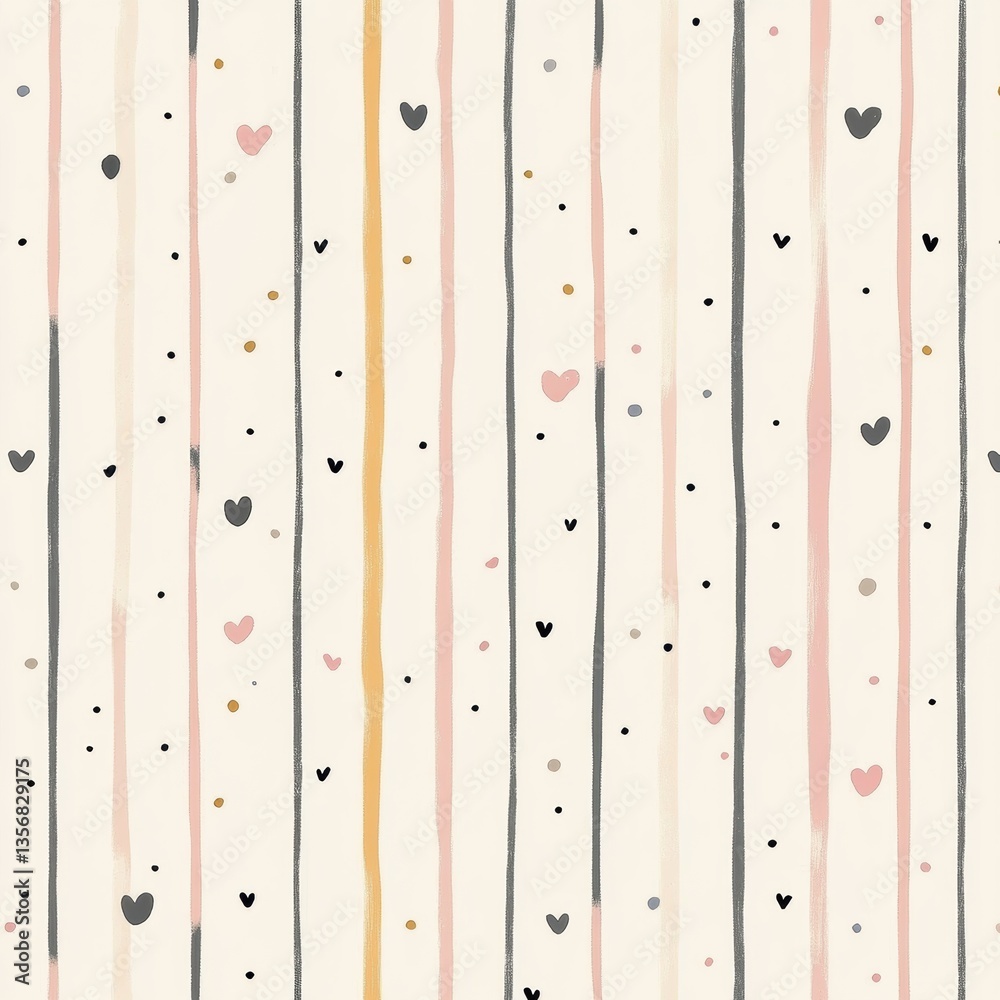 Poster delicate baby pattern featuring hand-drawn stripes and tiny hearts in soft neutral colors for warm n
