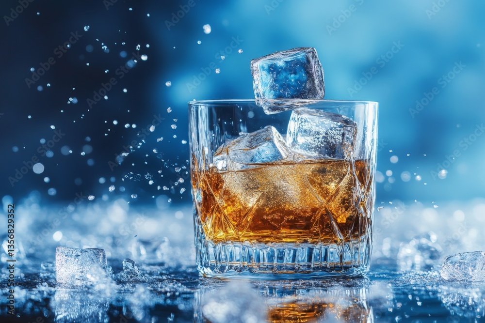 Aufkleber whiskey glass with ice cubes splashing in a bar setting illuminated by cool blue light