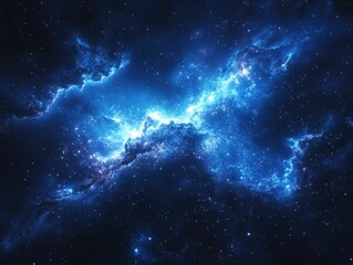 Obraz premium Ethereal cosmic cloudscape of deep blue nebula and sparkling stars in vast expanse of space