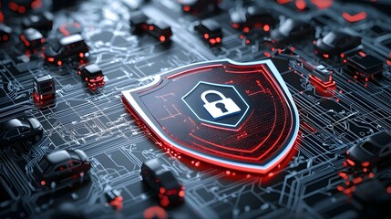 A high tech digital shield emblem surrounded by a futuristic circuit board grid symbolizing advanced cybersecurity and data protection in a dark neon lit environment
