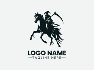 Grim Reaper Riding Horse Silhouette Dark Fantasy Logo Design