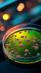 Experimenting with microbial cultures in a laboratory petri dish science environment close-up