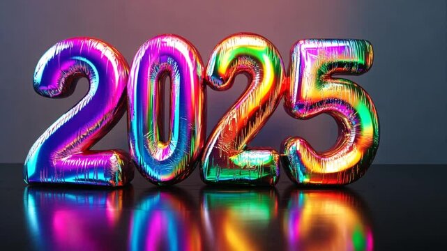 Iridescent foil balloon numbers displaying 2025 reflecting on a glossy surface symbolizing the upcoming new year with vibrant celebratory vibes