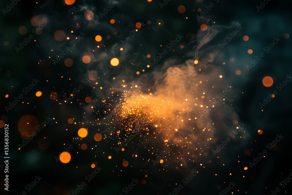 Poster Vivid display of orange particles swirling in dark background at nighttime event showcasing magical atmosphere
