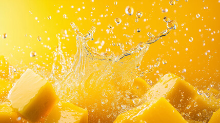 トロピカルな黄色のマンゴーと弾ける水しぶき | クリアな質感