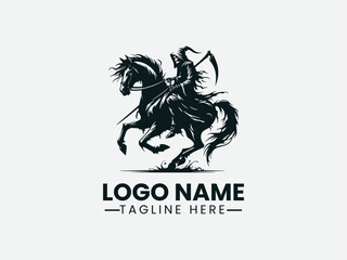 Grim Reaper Riding Horse Silhouette Dark Fantasy Logo Design