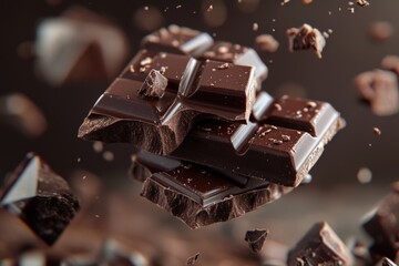 Dark chocolate pieces floating in mid-air with shards around them creating a dynamic and vibrant food display