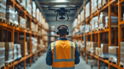 Fototapeta premium A warehouse worker wearing a safety vest monitors a drone flying above shelves stocked with goods. The space is organized for efficient logistics and inventory management.