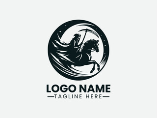 grim reaper riding horse silhouette. Dark fantasy logo