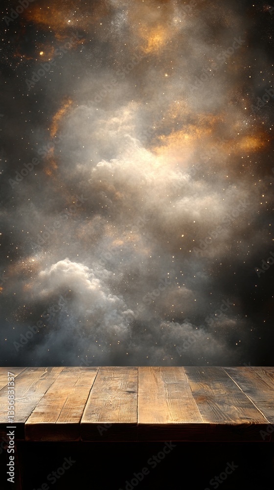 Wall mural rustic wooden table against a backdrop of ethereal nebula clouds and stardust creating a magical and