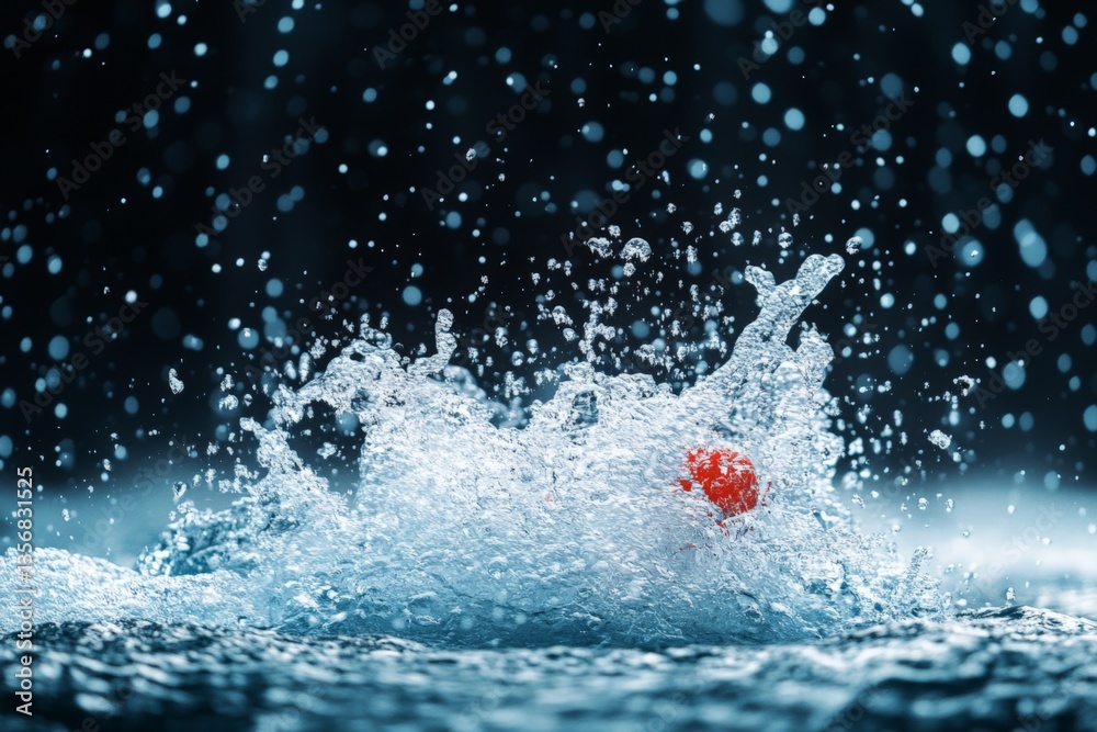 Aufkleber motion and splash of water droplets as a red ball hits the surface on a dark background showcasing a