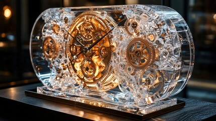 Intricate clock features a transparent body and visible crystal gears