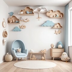 Cozy Children's Room with Cloud Shelves and Wooden Toys
